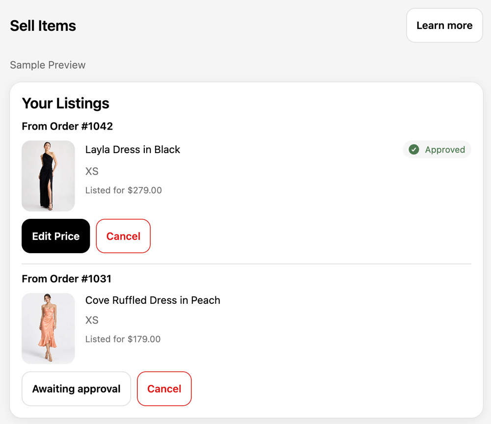 Sell Items customer account page