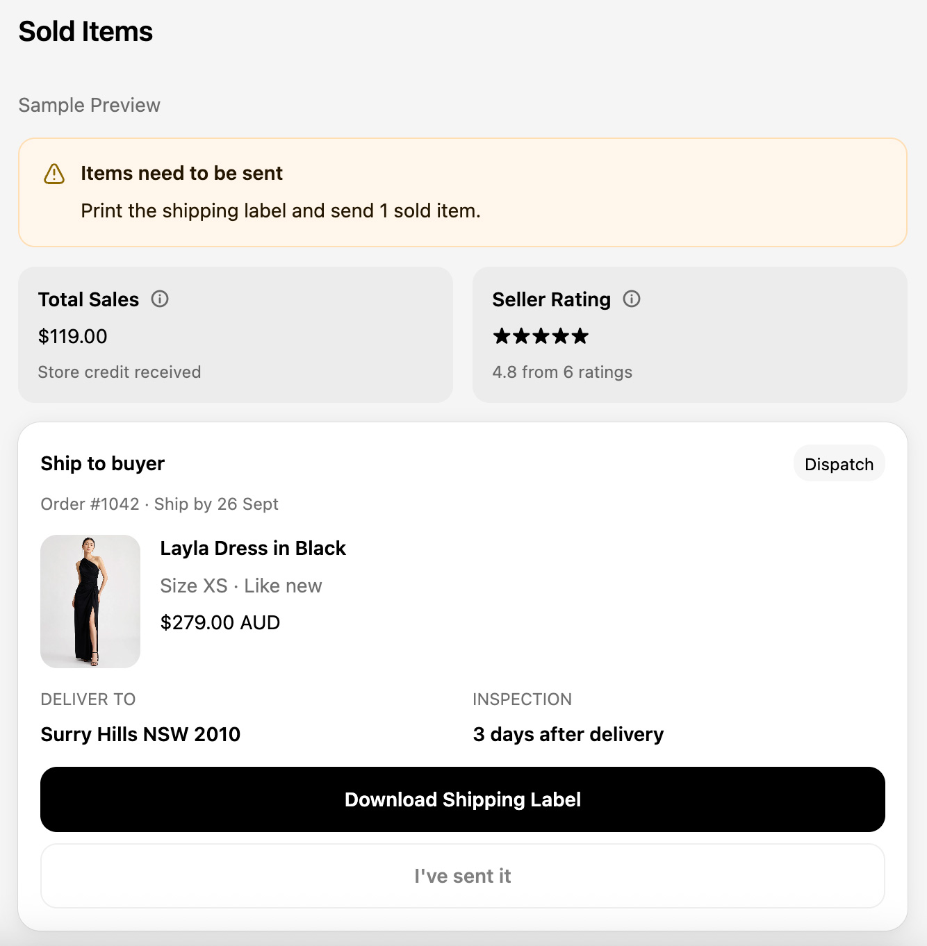 Sold Items customer account page