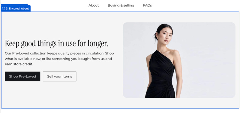 Example About block with a Pre-Loved programme introduction and Shop Pre-Loved and Sell your items buttons beside an image