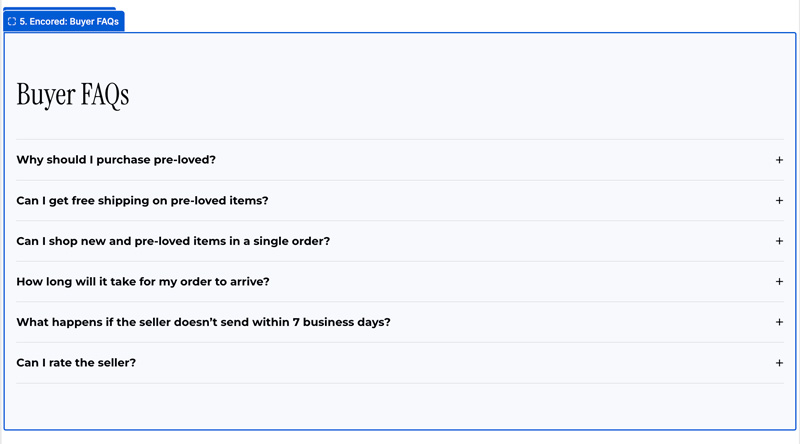 Example Buyer FAQs block with expandable questions about buying Pre-Loved items, shipping, delivery and seller ratings