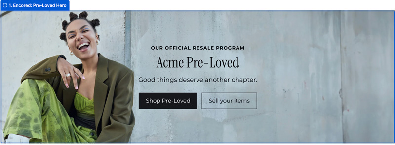 Example Pre-Loved Hero with a background image, programme headline and Shop Pre-Loved and Sell your items buttons