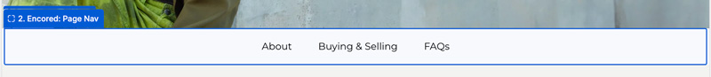 Example Page Nav with About, Buying & Selling and FAQs links