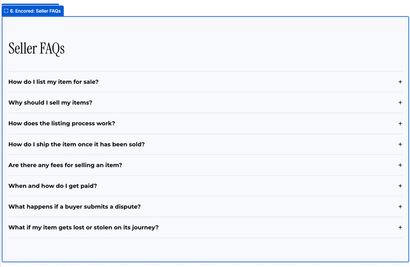 Example Seller FAQs block with expandable questions about listing items, shipping, fees, payment and disputes