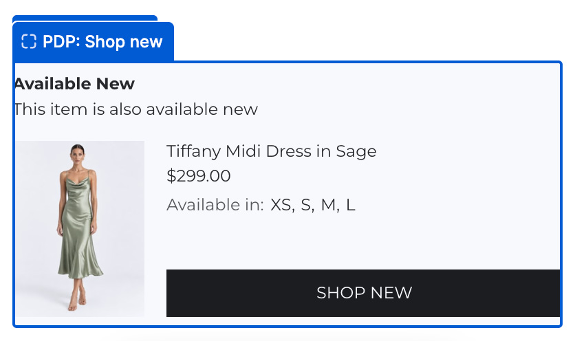 Shop new block showing Available New, a dress image, product name, price, available sizes and a Shop New button