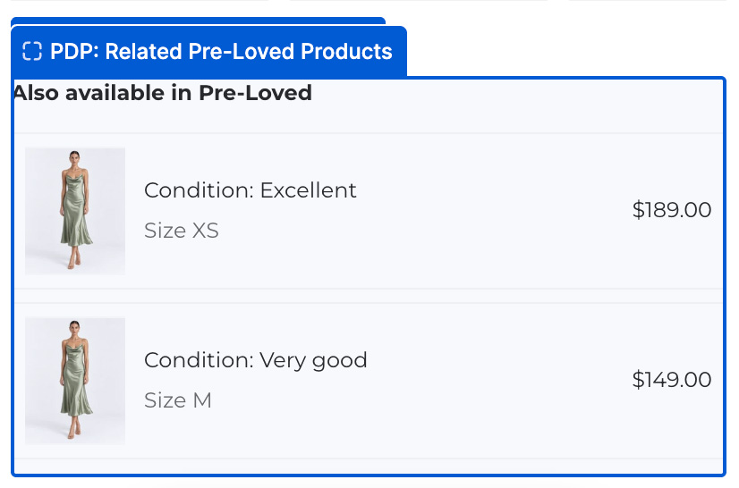 Related Pre-Loved Products block with heading Also available in Pre-Loved, two listings showing condition, size and price