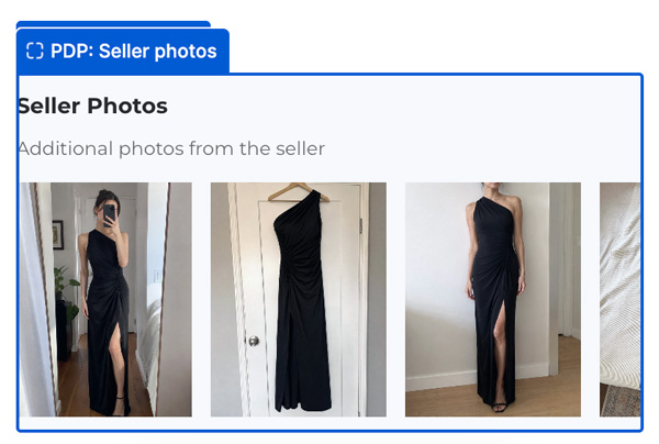 Seller Photos block showing seller-taken images of a black dress, including worn views, a hanging view and a fabric close-up